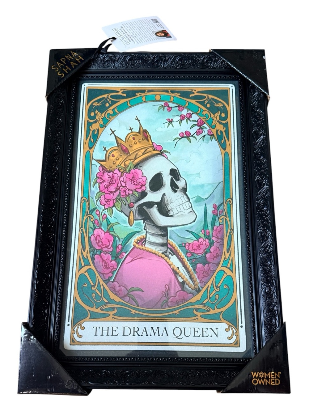 NWT Sapna Shah "The Drama Queen" Framed Art Print Tarot Card Skeleton 12x18